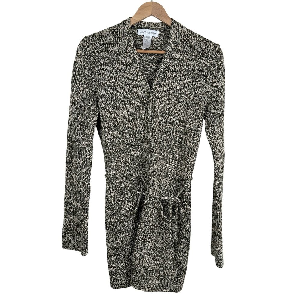 Jones New York Cotton Marled Long Cardigan Sweater Belted Pockets Minimalist